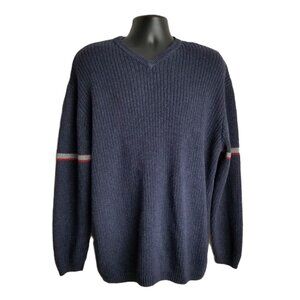 Cherokee V Neck Sweater Mens XXL Navy Blue Ramie Cotton Striped Vintage